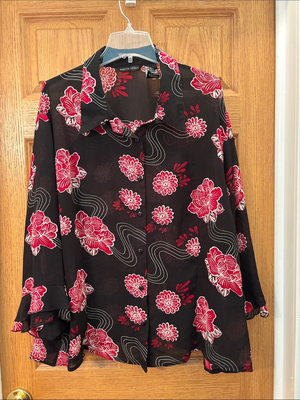 Women's Floral Button-Front Blouse - Black with Red Floral